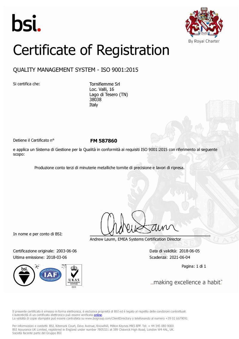 TorniFiemme Srl - Certificazione ISO 9001:2015